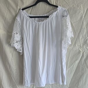 Susan Graver White Blouse with Lace Sleeves